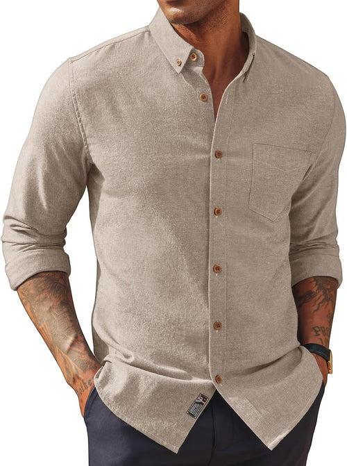 Men's Cotton Linen Button Down Shirt - Long Sleeve Classic Fit Untucked Top with Chest Pocket for Summer - Small