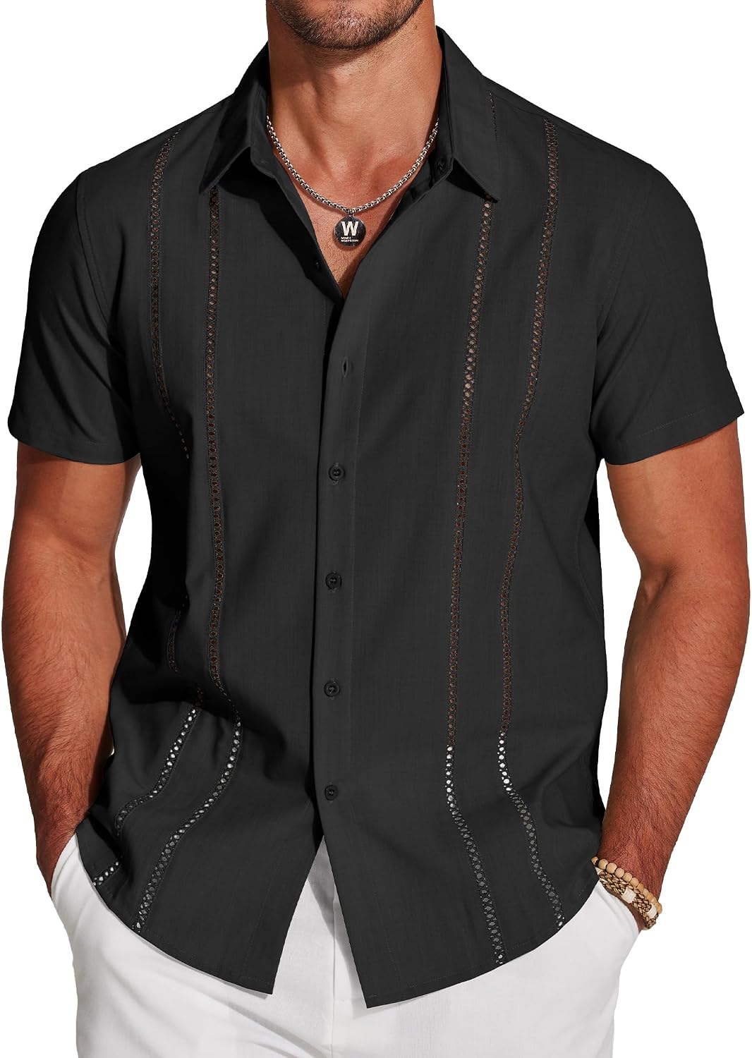 Men's Cuban Guayabera Shirt - Short Sleeve Linen Blend Button Down Casual Top for Summer Beach and Resort Days - Beige