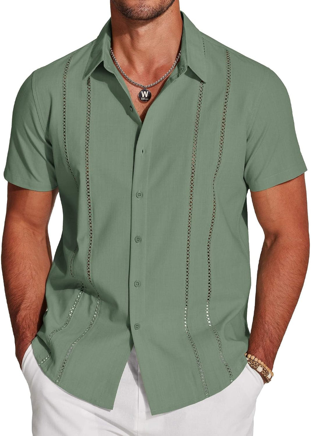 Men's Cuban Guayabera Shirt - Short Sleeve Linen Blend Button Down Casual Top for Summer Beach and Resort Days - Dark Bl
