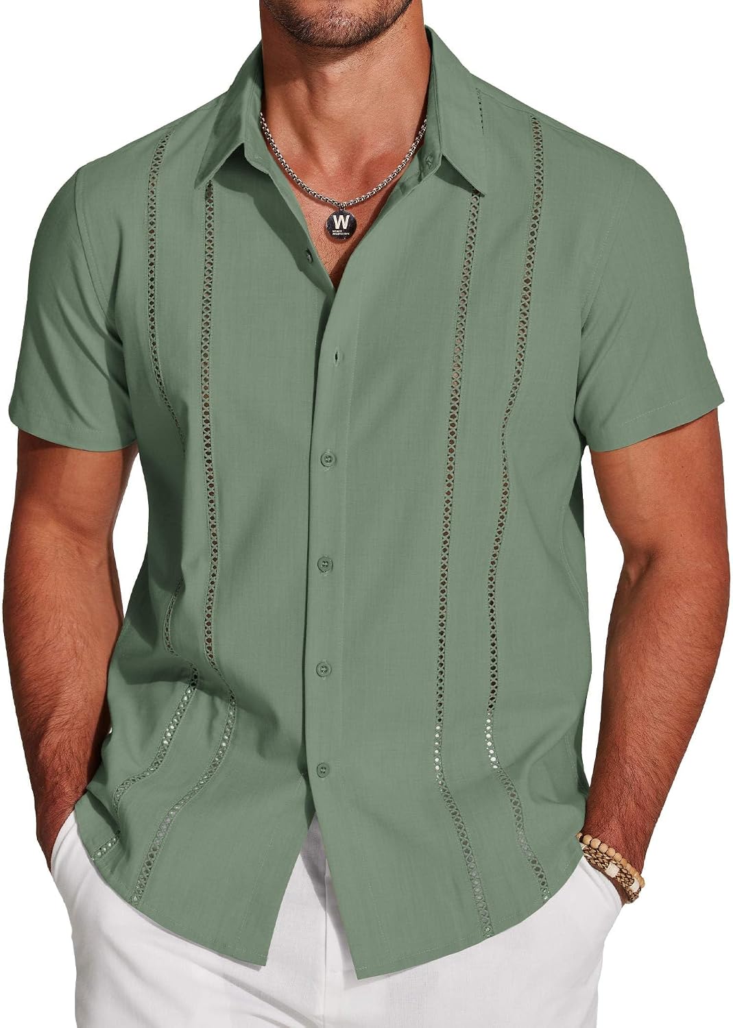 Men's Cuban Guayabera Shirt - Short Sleeve Linen Blend Button Down Casual Top for Summer Beach and Resort Days - Dark Bl