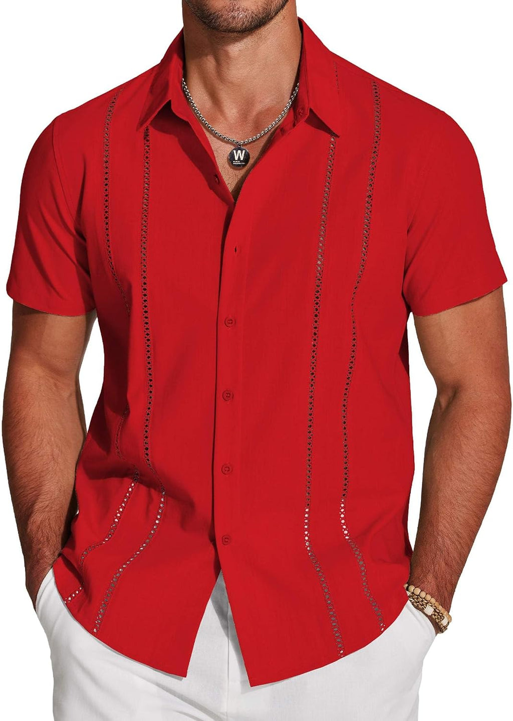 Men's Cuban Guayabera Shirt - Short Sleeve Linen Blend Button Down Casual Top for Summer Beach and Resort Days - White