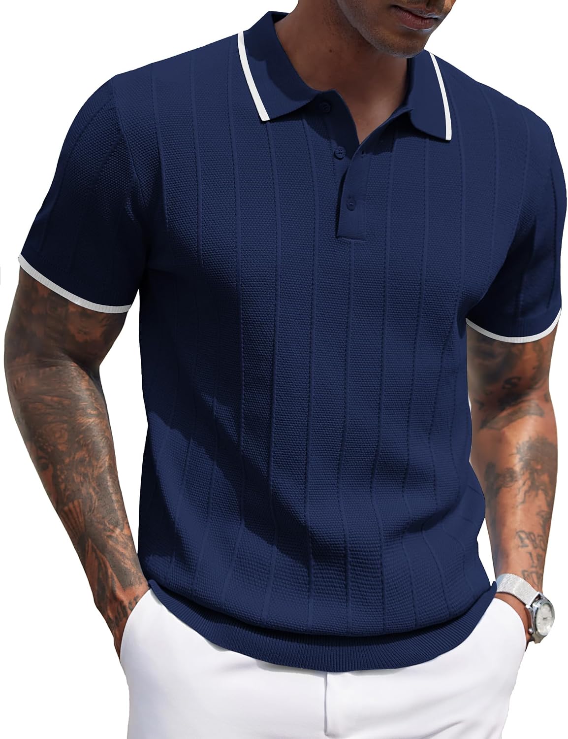 Men's Ribbed Knit Polo Shirt - Short Sleeve Textured Collared Top, Lightweight for Golf and Casual Evenings - Light Blue