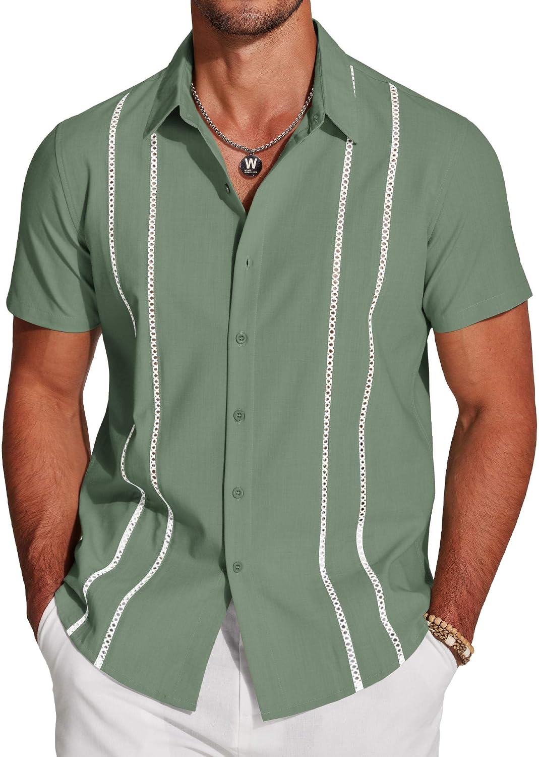 Men's Cuban Guayabera Shirt - Short Sleeve Linen Blend Button Down Casual Top for Summer Beach and Resort Days - Beige (