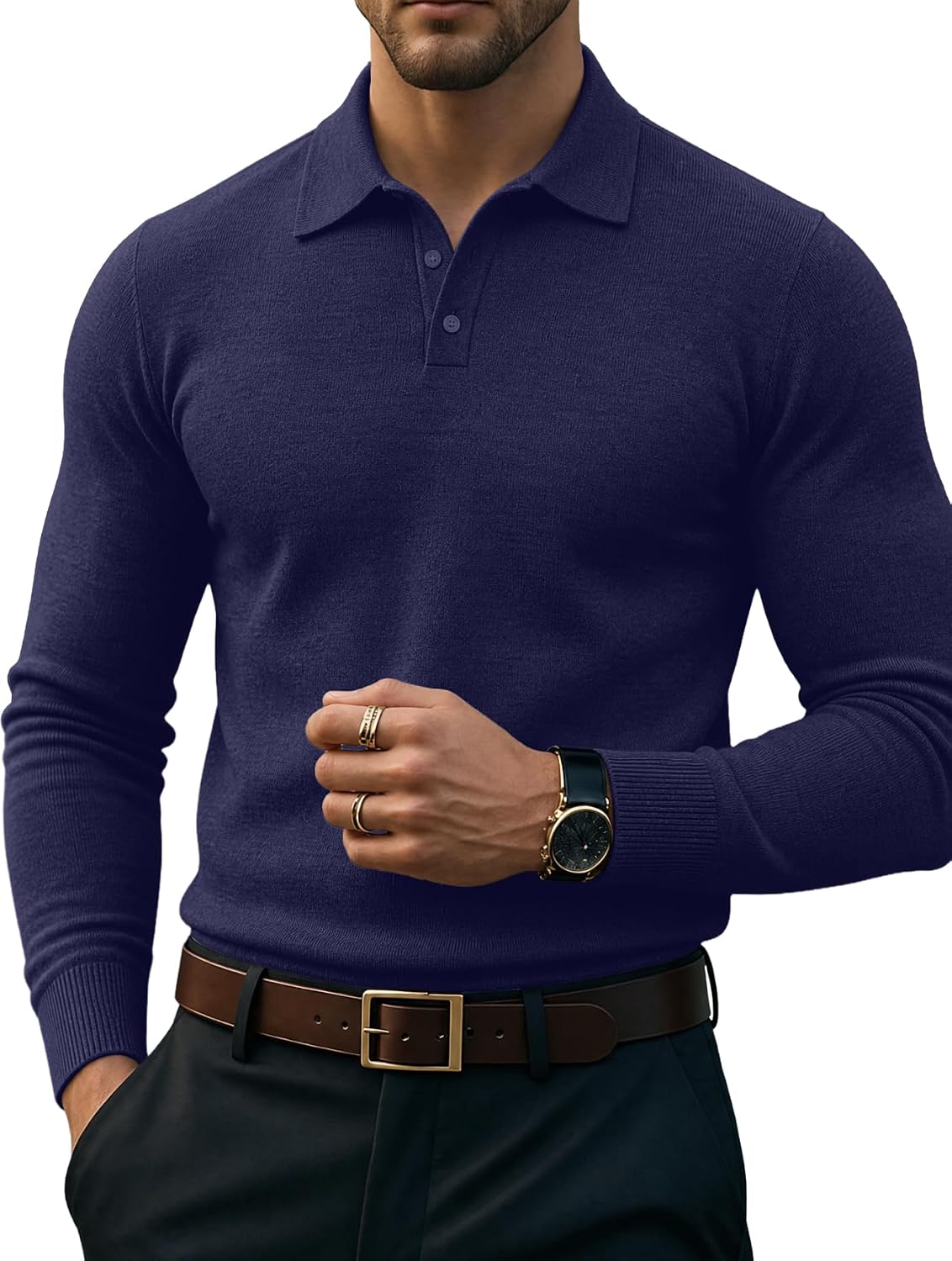 Men's Knit Polo Sweater - Long Sleeve Classic Golf Shirt with a Ribbed Collar for Cool Rounds and Office Days - Black