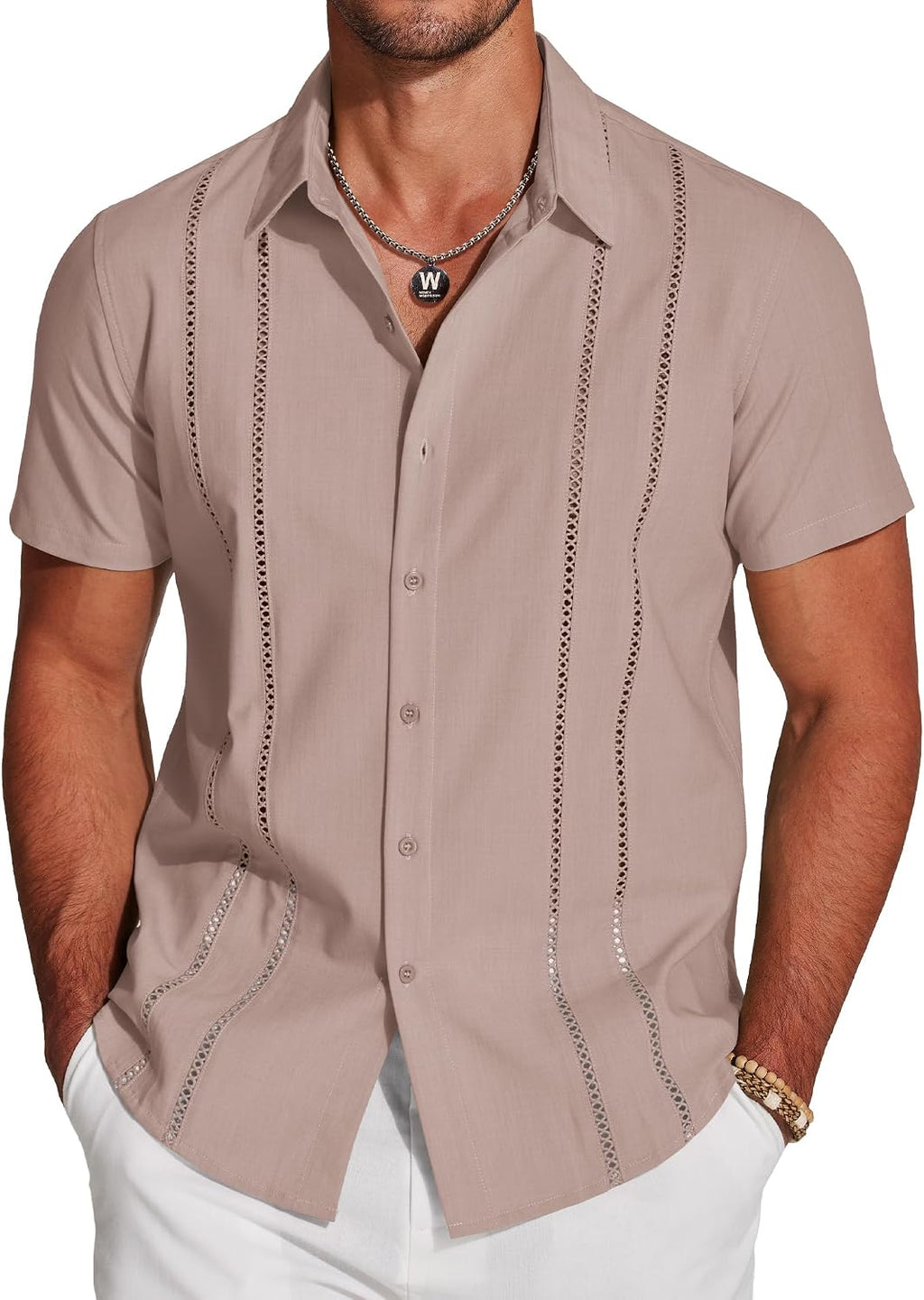 Men's Cuban Guayabera Shirt - Short Sleeve Linen Blend Button Down Casual Top for Summer Beach and Resort Days - Dark Bl