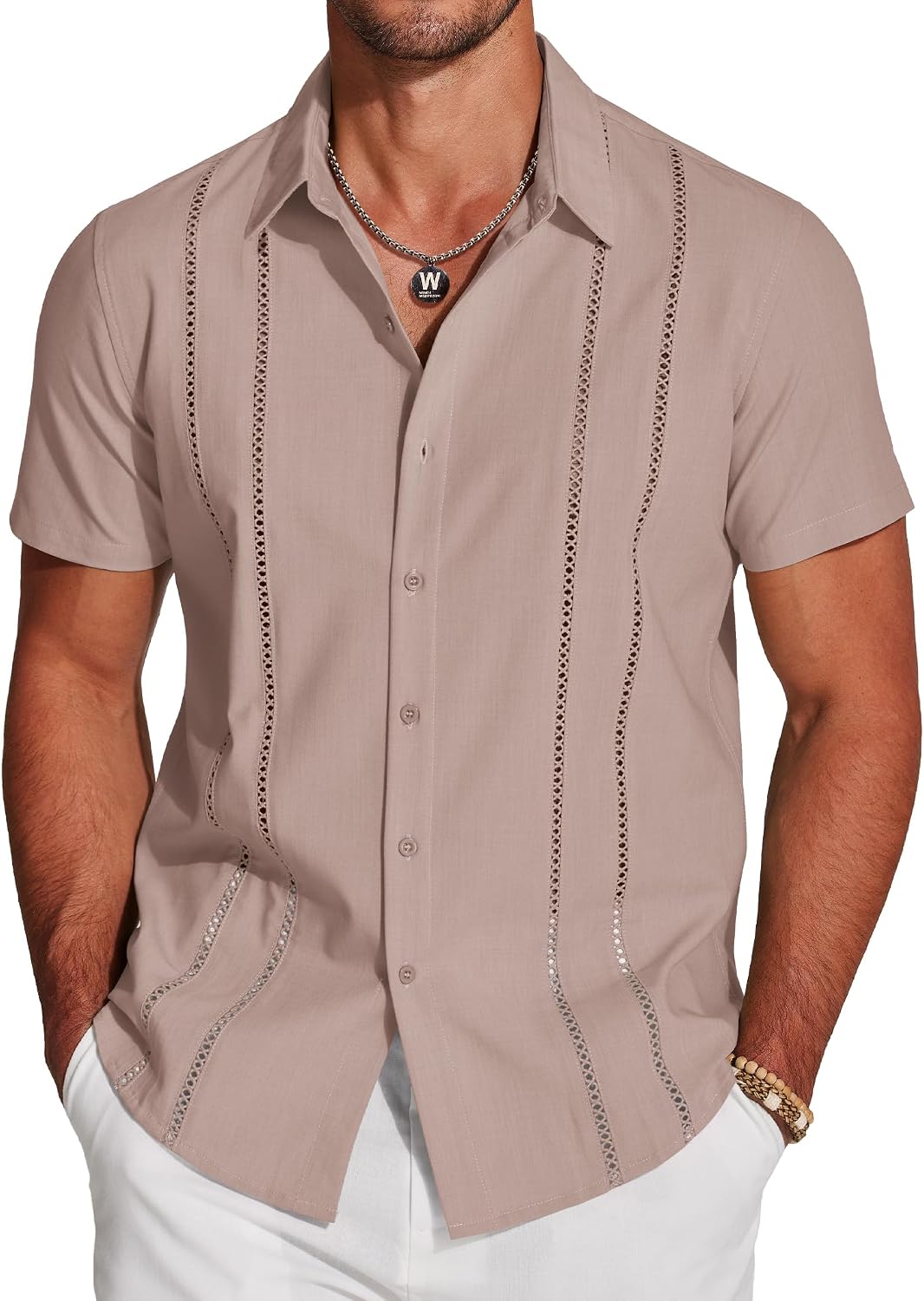 Men's Cuban Guayabera Shirt - Short Sleeve Linen Blend Button Down Casual Top for Summer Beach and Resort Days - Dark Bl