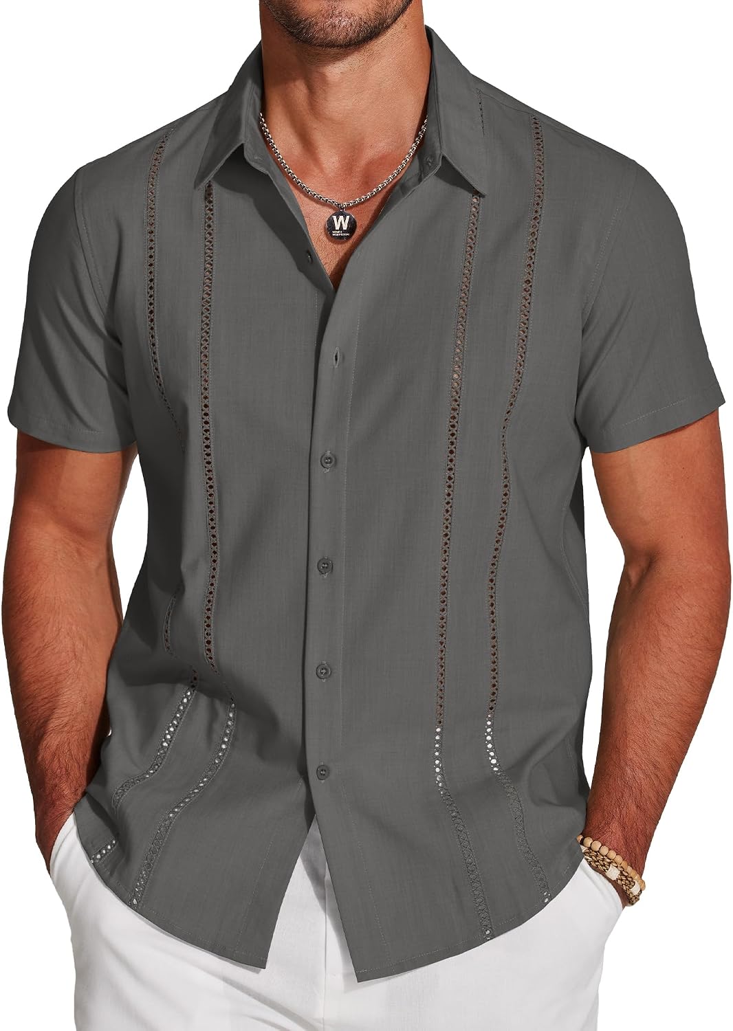 Men's Cuban Guayabera Shirt - Short Sleeve Linen Blend Button Down Casual Top for Summer Beach and Resort Days - White (