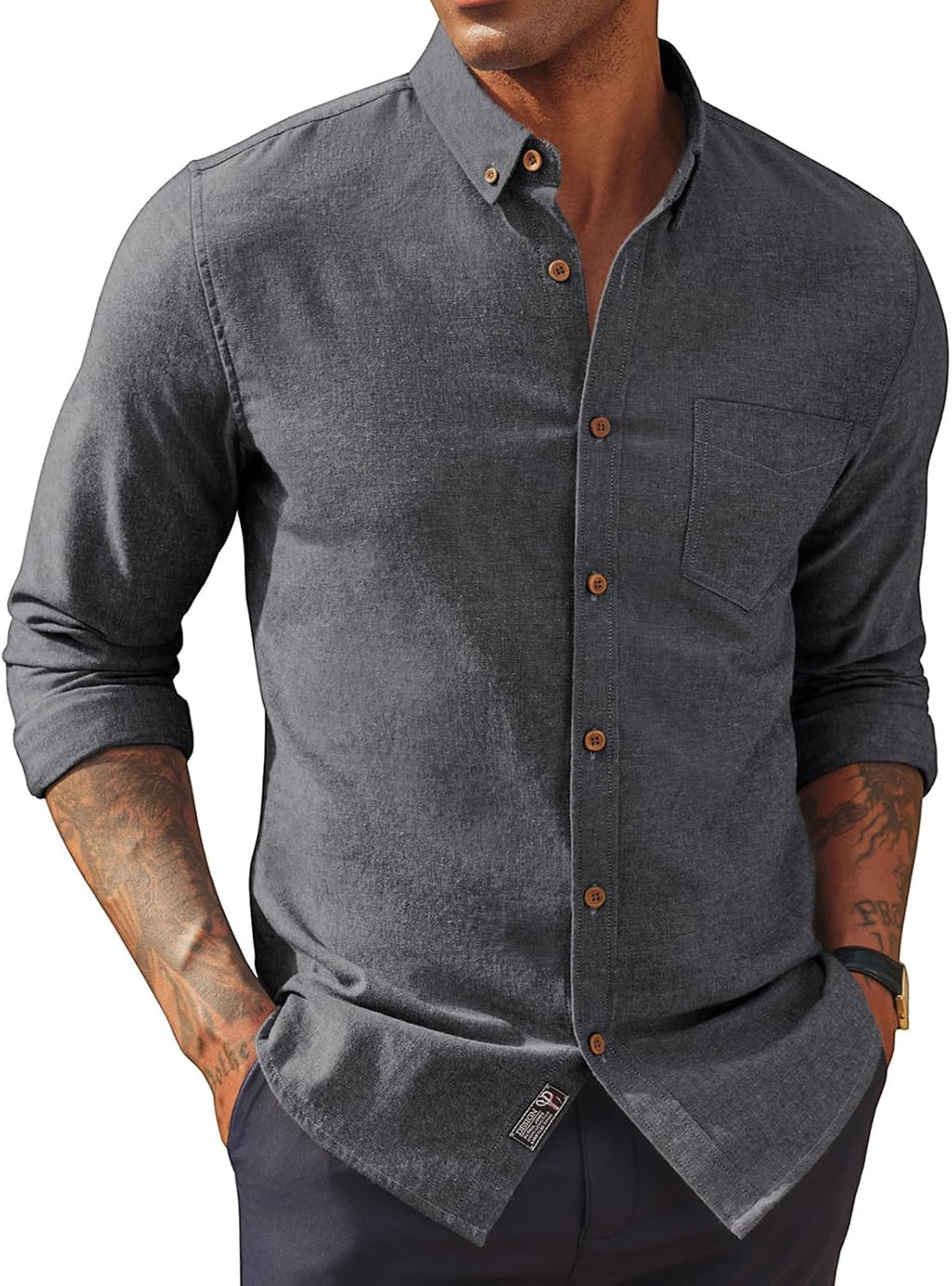 Men's Cotton Linen Button Down Shirt - Long Sleeve Classic Fit Untucked Top with Chest Pocket for Summer - Small
