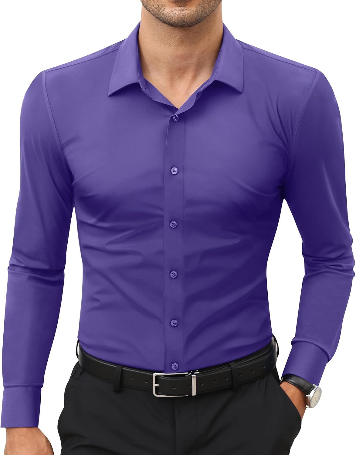 Men's Stretch Dress Shirt - Long Sleeve Slim Muscle Fit, Wrinkle Free Button Down for Office and Evening Wear - Large