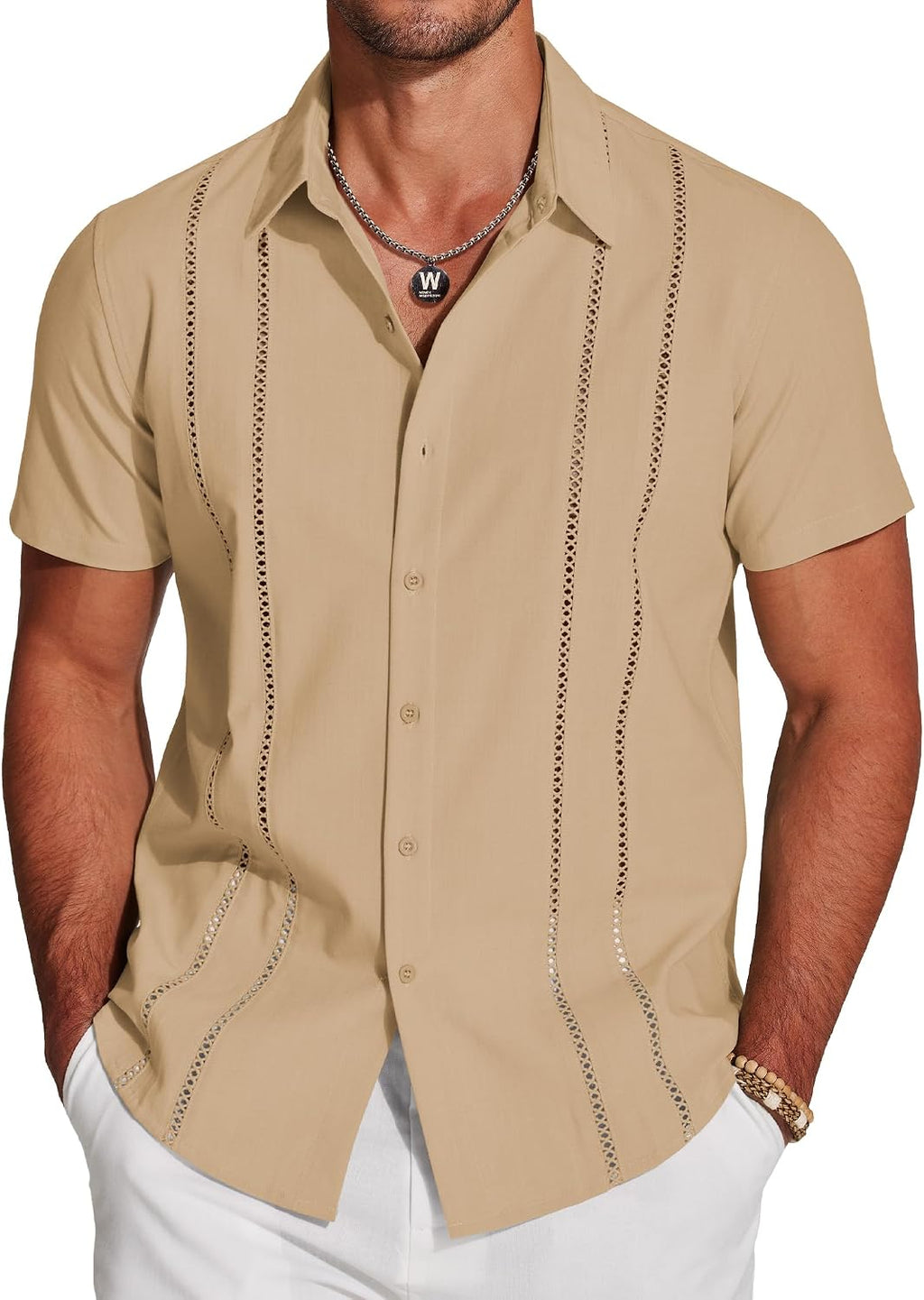 Men's Cuban Guayabera Shirt - Short Sleeve Linen Blend Button Down Casual Top for Summer Beach and Resort Days - Dark Bl