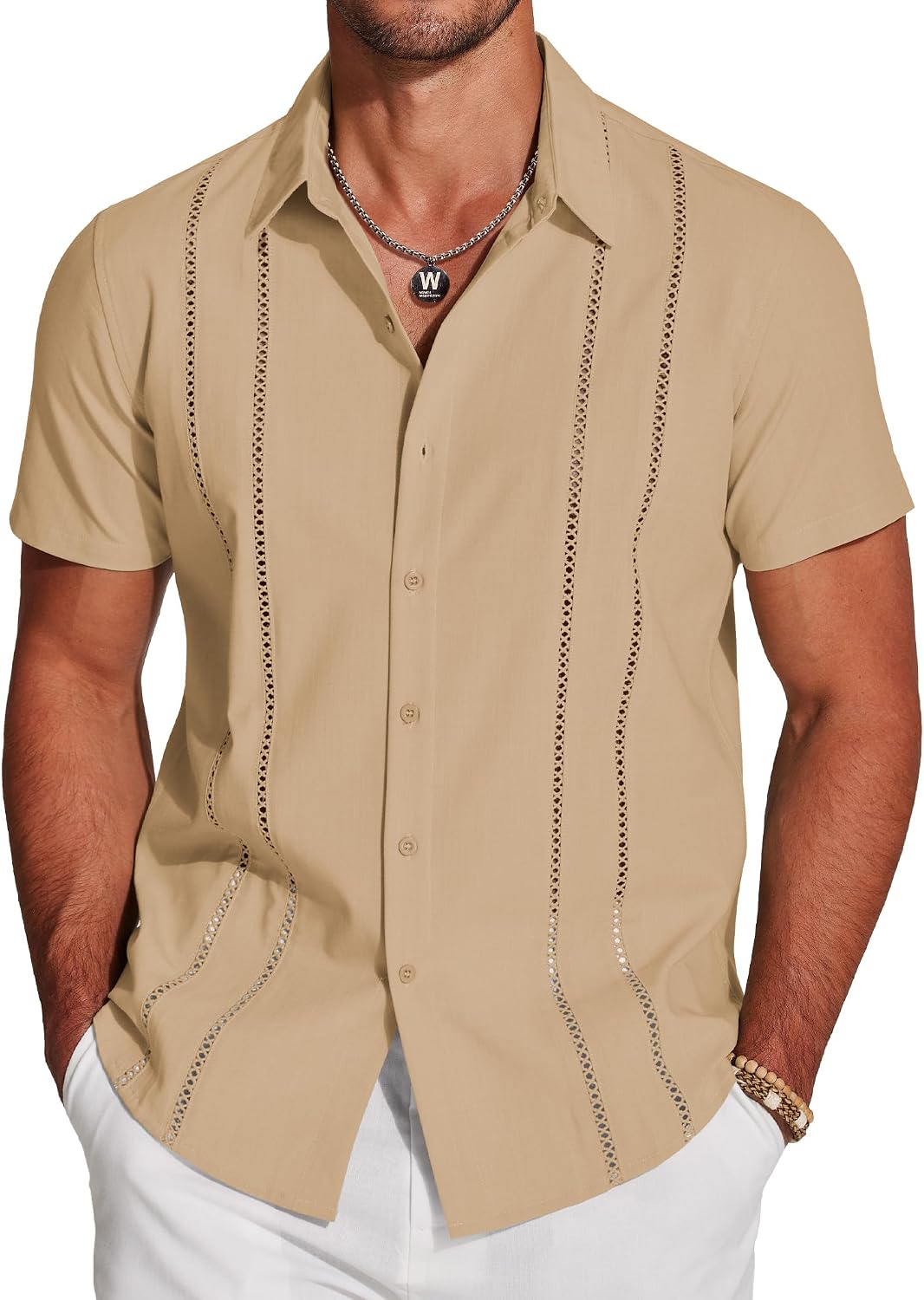 Men's Cuban Guayabera Shirt - Short Sleeve Linen Blend Button Down Casual Top for Summer Beach and Resort Days - Dark Bl