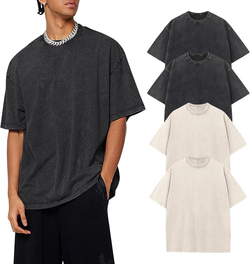 Men's Acid Wash Oversized Tee 4-Pack - Heavyweight Cotton Vintage Shirts with Faded Finish for Streetwear - Small