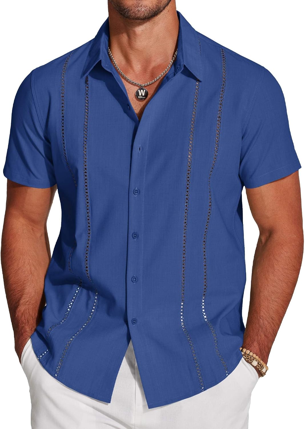 Men's Cuban Guayabera Shirt - Short Sleeve Linen Blend Button Down Casual Top for Summer Beach and Resort Days - White