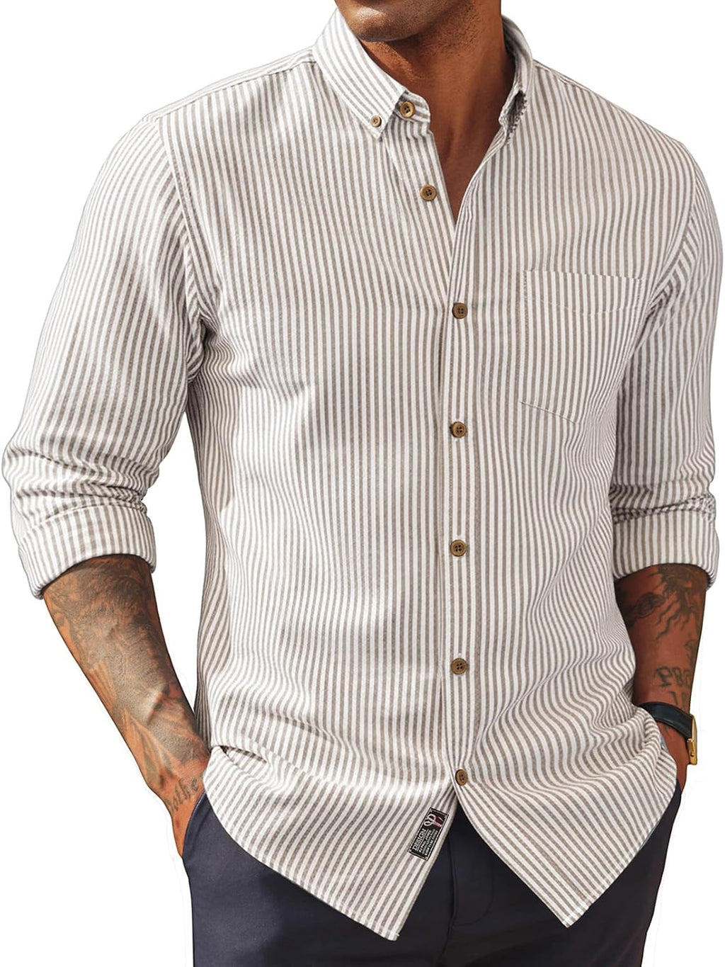 Men's Cotton Linen Button Down Shirt - Long Sleeve Classic Fit Untucked Top with Chest Pocket for Summer - Small