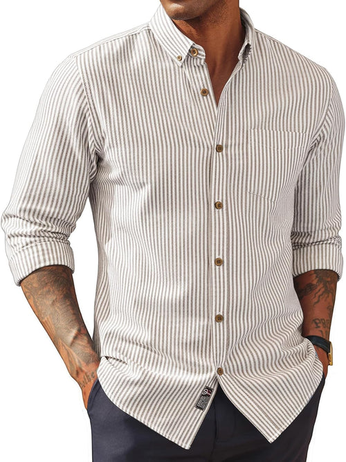 Men's Cotton Linen Button Down Shirt - Long Sleeve Classic Fit Untucked Top with Chest Pocket for Summer - Small
