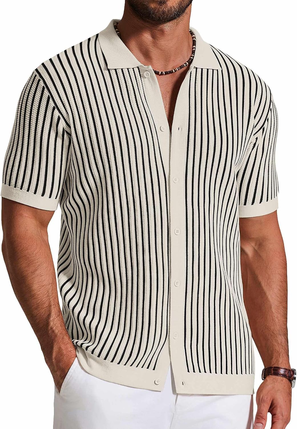 Men's Striped Knit Button Down Shirt - Short Sleeve Vintage Polo Style Top for Casual Summer Evenings - Small