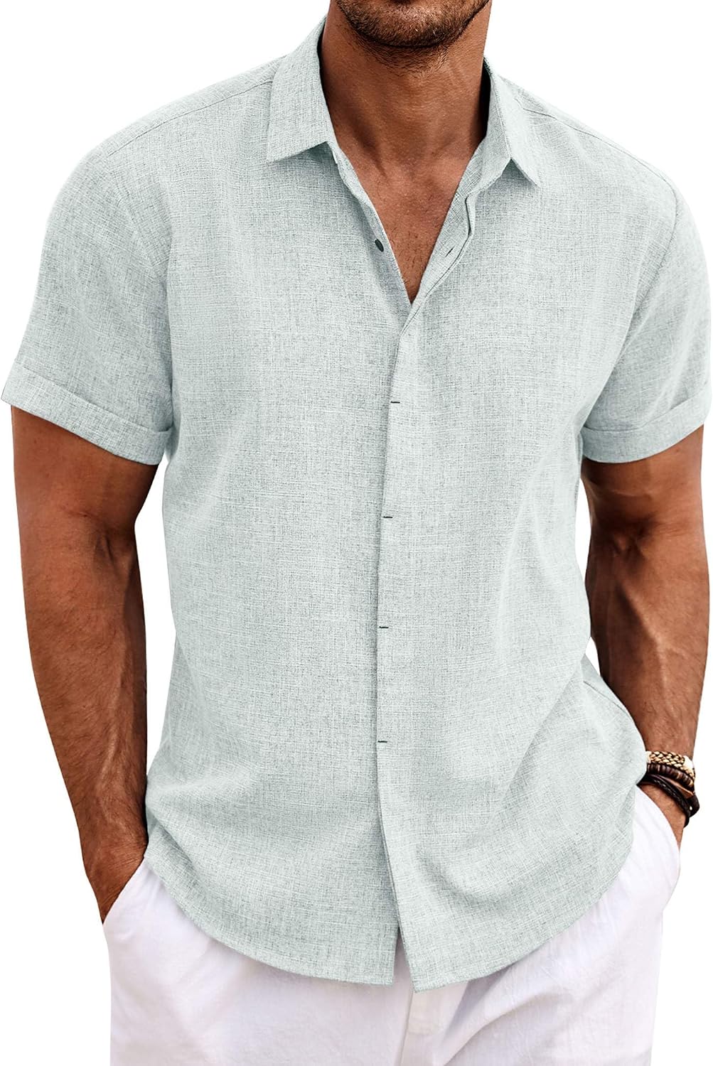 Men's Linen Blend Short Sleeve Shirt - Button Down Casual Fit, Lightweight and Breathable for Summer Beach Weddings - Sm
