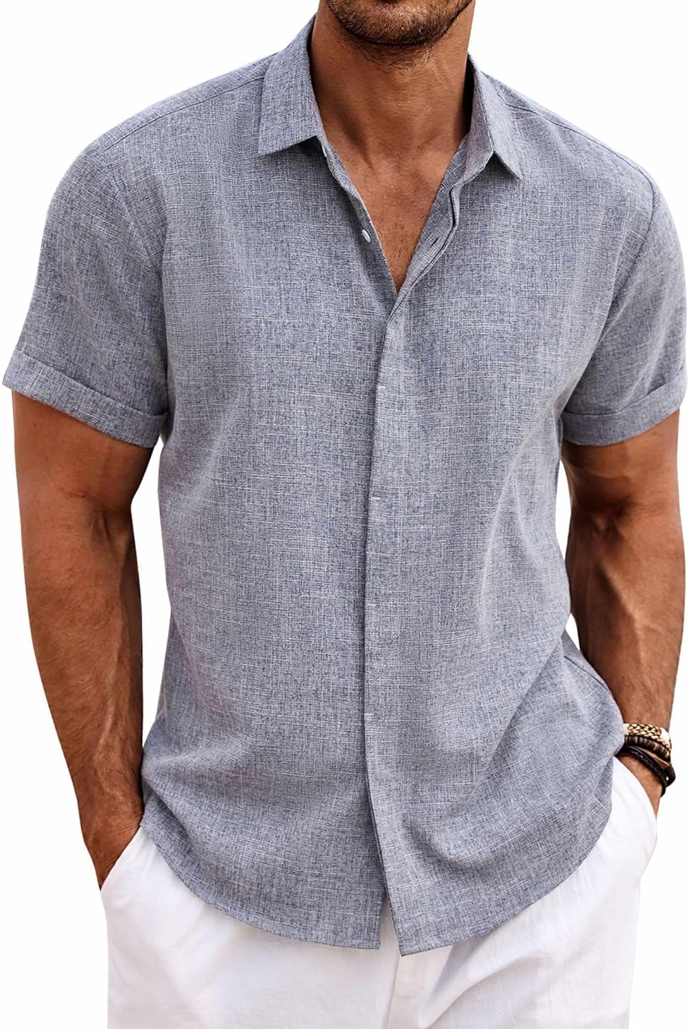 Men's Linen Blend Short Sleeve Shirt - Button Down Casual Fit, Lightweight and Breathable for Summer Beach Weddings - La