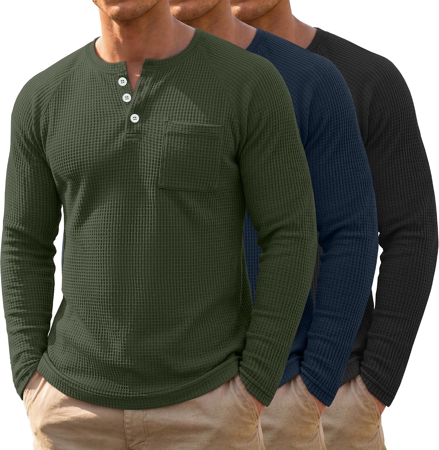 Men's Waffle Knit Henley 3-Pack - Long Sleeve Slim Fit Pullover Shirts with Raglan Sleeves and a Chest Pocket - Small