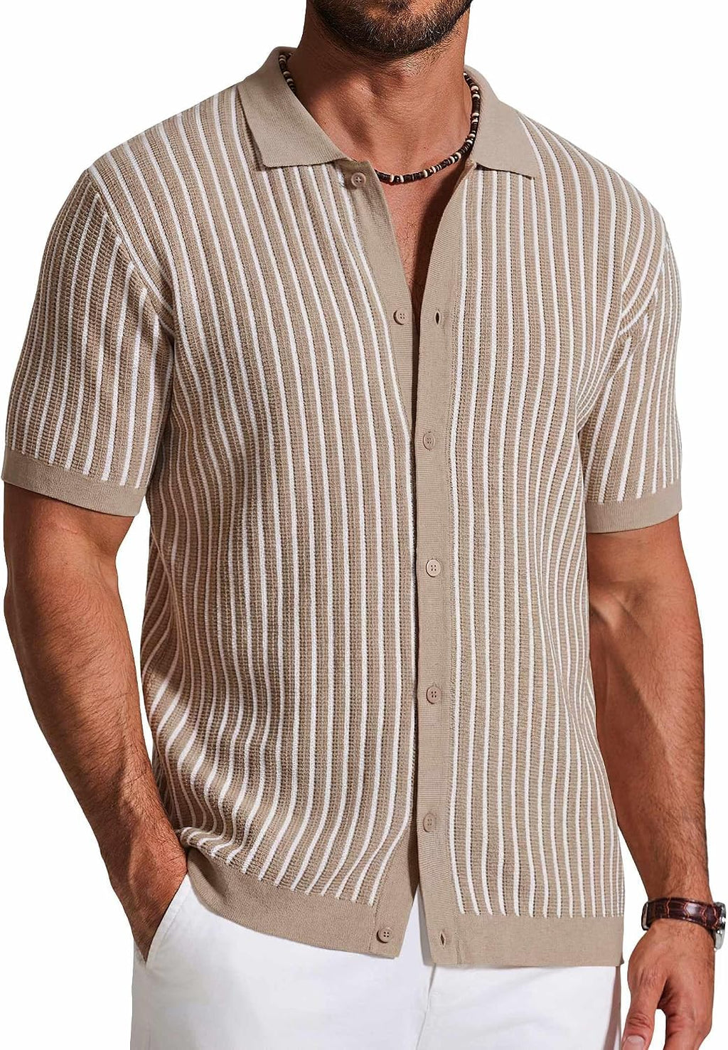 Men's Striped Knit Button Down Shirt - Short Sleeve Vintage Polo Style Top for Casual Summer Evenings - Small