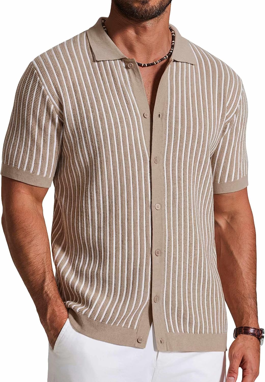 Men's Striped Knit Button Down Shirt - Short Sleeve Vintage Polo Style Top for Casual Summer Evenings - Small