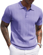 Men's Ribbed Knit Polo Shirt - Short Sleeve Textured Collared Top, Lightweight for Golf and Casual Evenings - Light Blue