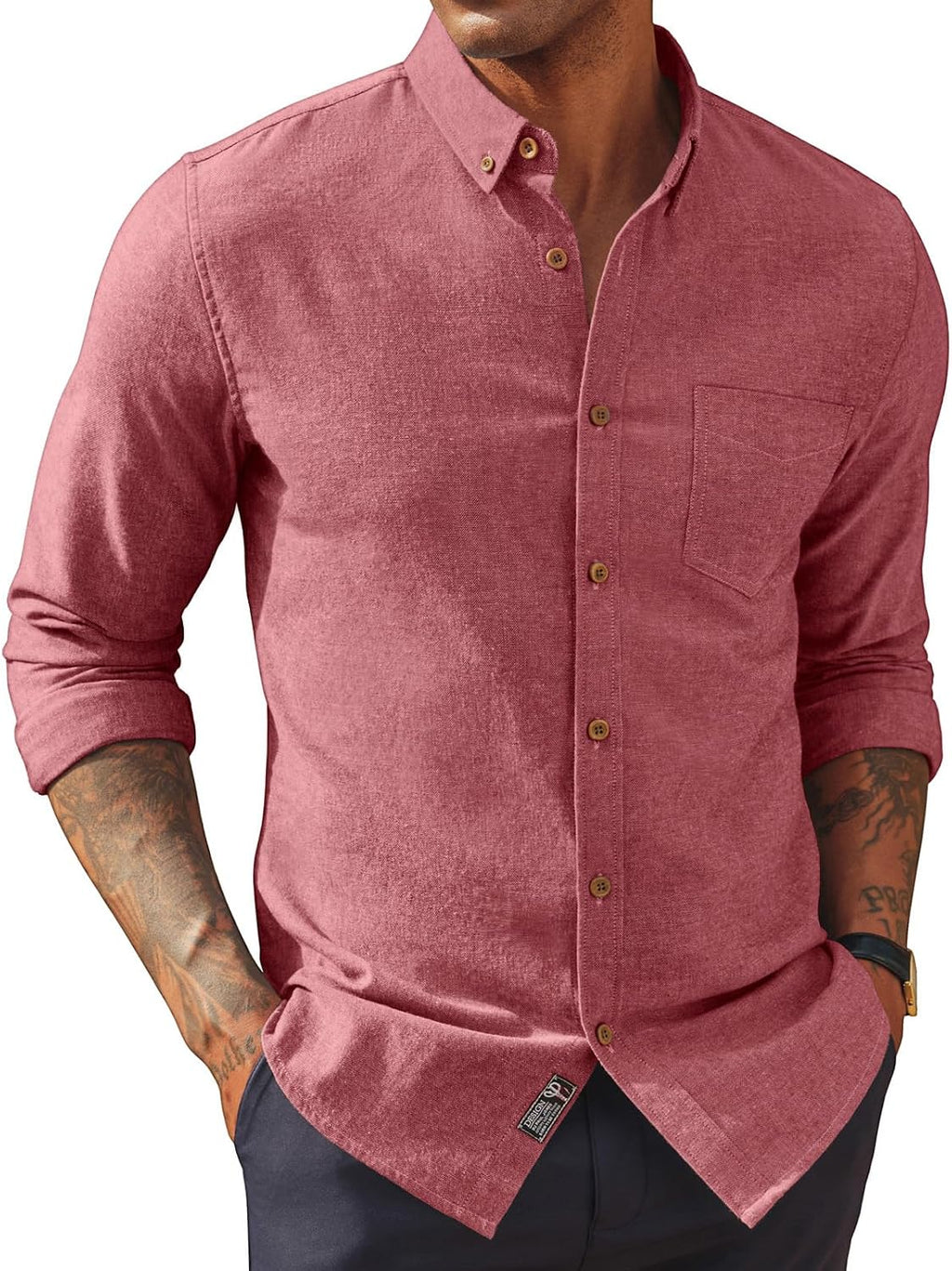 Men's Cotton Linen Button Down Shirt - Long Sleeve Classic Fit Untucked Top with Chest Pocket for Summer - Small