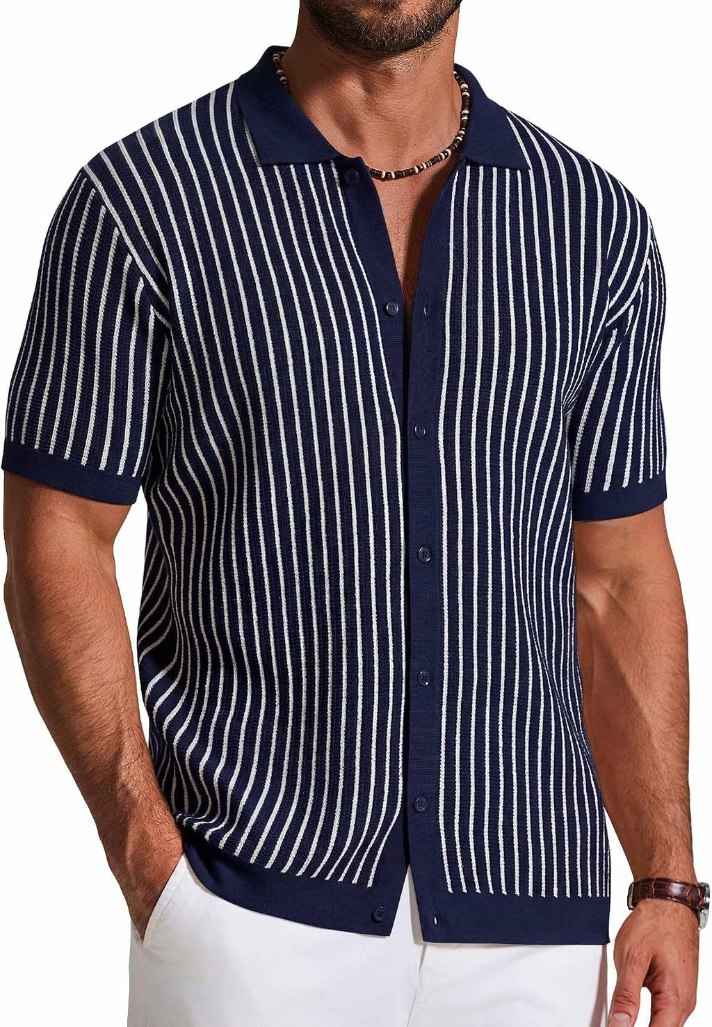 Men's Striped Knit Button Down Shirt - Short Sleeve Vintage Polo Style Top for Casual Summer Evenings - Medium