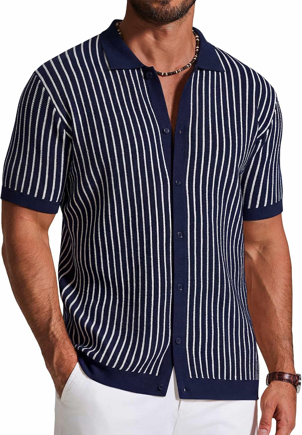 Men's Striped Knit Button Down Shirt - Short Sleeve Vintage Polo Style Top for Casual Summer Evenings - Medium