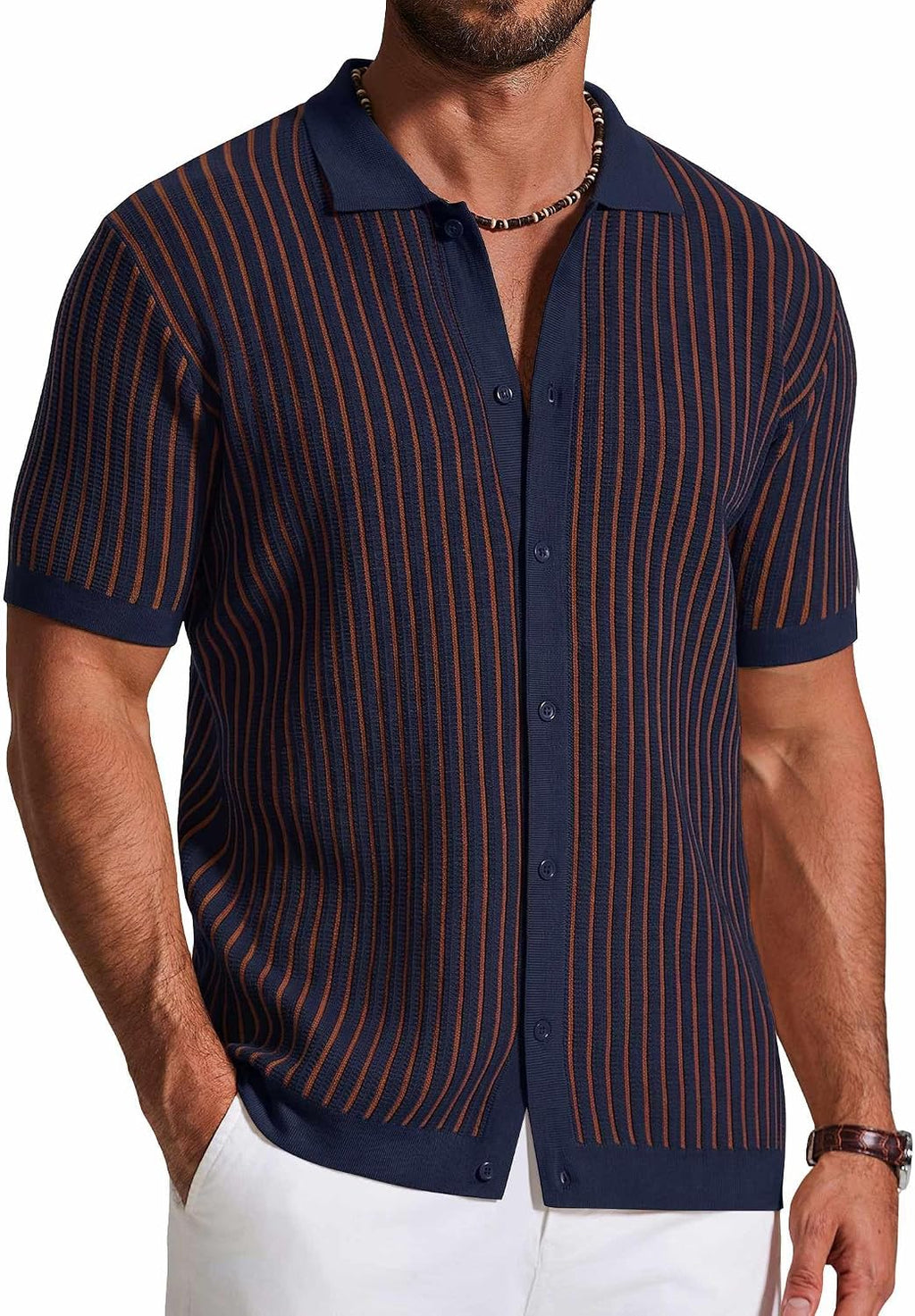 Men's Striped Knit Button Down Shirt - Short Sleeve Vintage Polo Style Top for Casual Summer Evenings - Medium