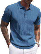 Men's Ribbed Knit Polo Shirt - Short Sleeve Textured Collared Top, Lightweight for Golf and Casual Evenings - Army Green