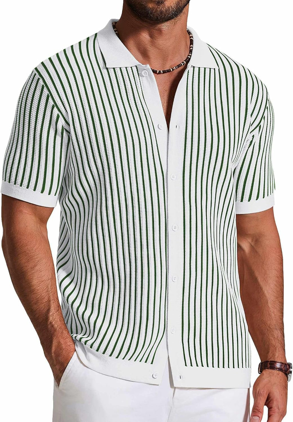 Men's Striped Knit Button Down Shirt - Short Sleeve Vintage Polo Style Top for Casual Summer Evenings - Small