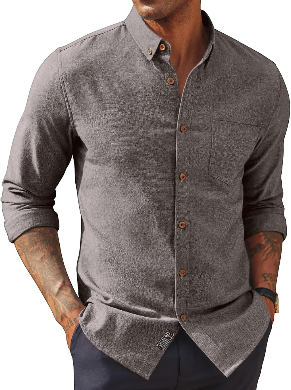 Men's Cotton Linen Button Down Shirt - Long Sleeve Classic Fit Untucked Top with Chest Pocket for Summer - Medium