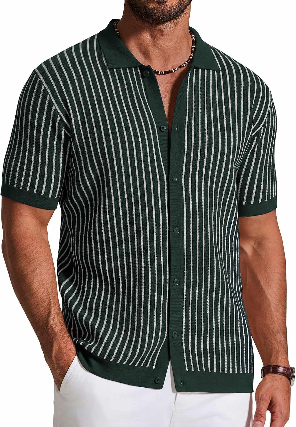 Men's Striped Knit Button Down Shirt - Short Sleeve Vintage Polo Style Top for Casual Summer Evenings - Medium