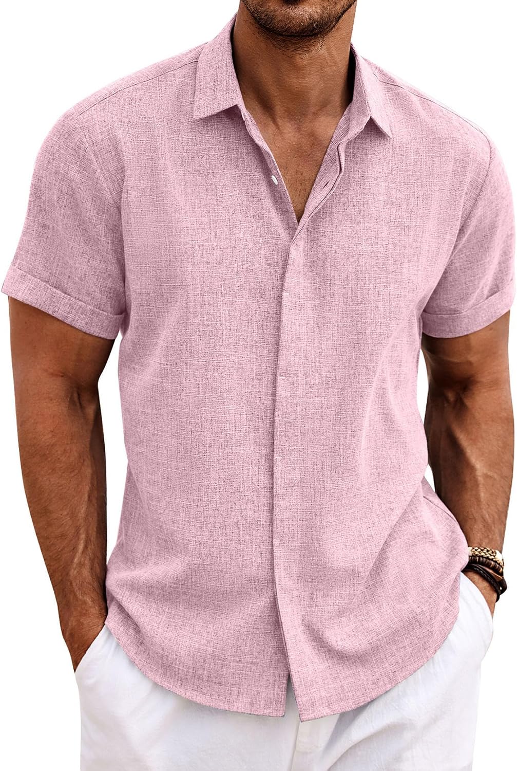 Men's Linen Blend Short Sleeve Shirt - Button Down Casual Fit, Lightweight and Breathable for Summer Beach Weddings - La