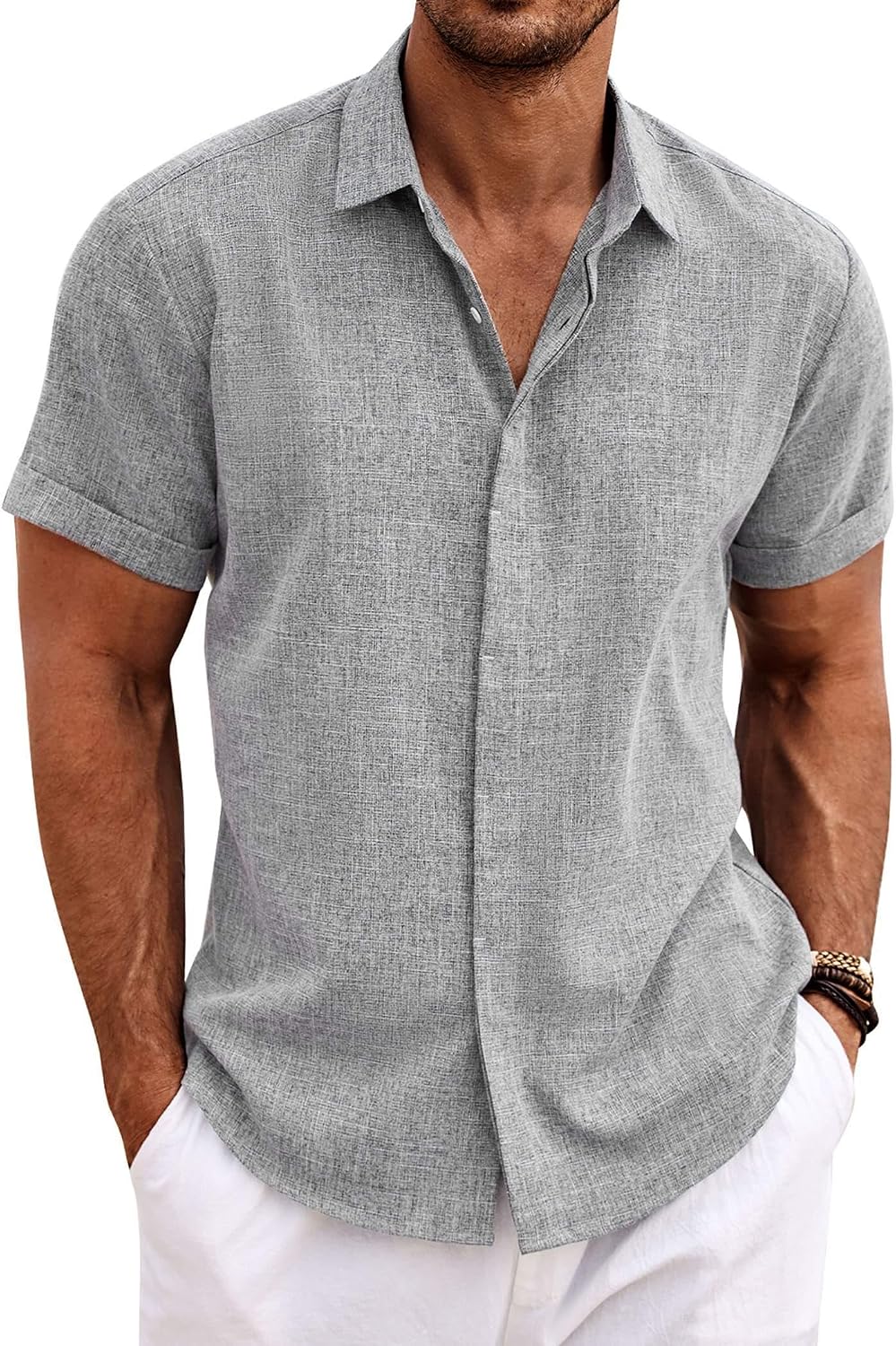 Men's Linen Blend Short Sleeve Shirt - Button Down Casual Fit, Lightweight and Breathable for Summer Beach Weddings - La