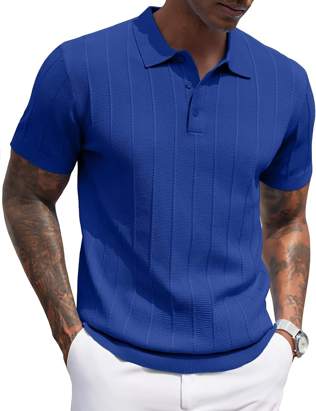 Men's Ribbed Knit Polo Shirt - Short Sleeve Textured Collared Top, Lightweight for Golf and Casual Evenings - Light Blue