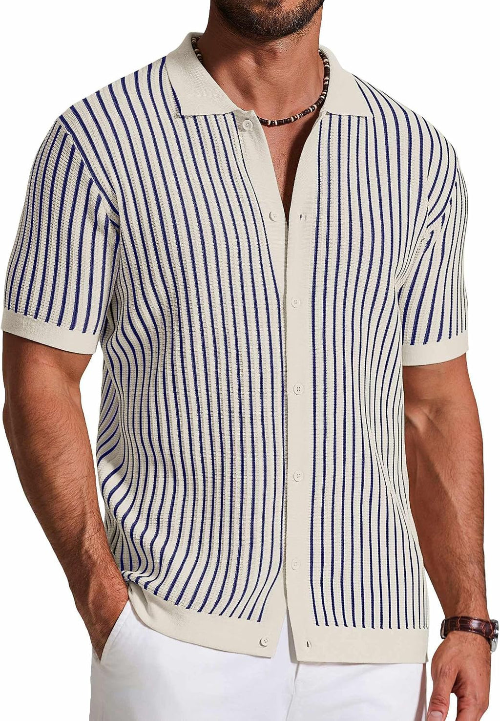 Men's Striped Knit Button Down Shirt - Short Sleeve Vintage Polo Style Top for Casual Summer Evenings - Medium