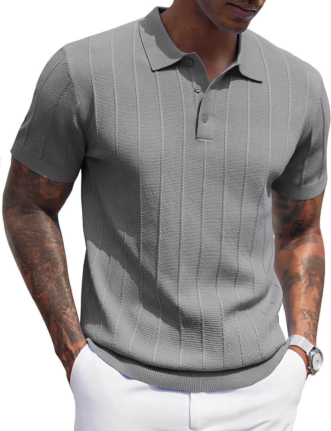 Men's Ribbed Knit Polo Shirt - Short Sleeve Textured Collared Top, Lightweight for Golf and Casual Evenings - Army Green