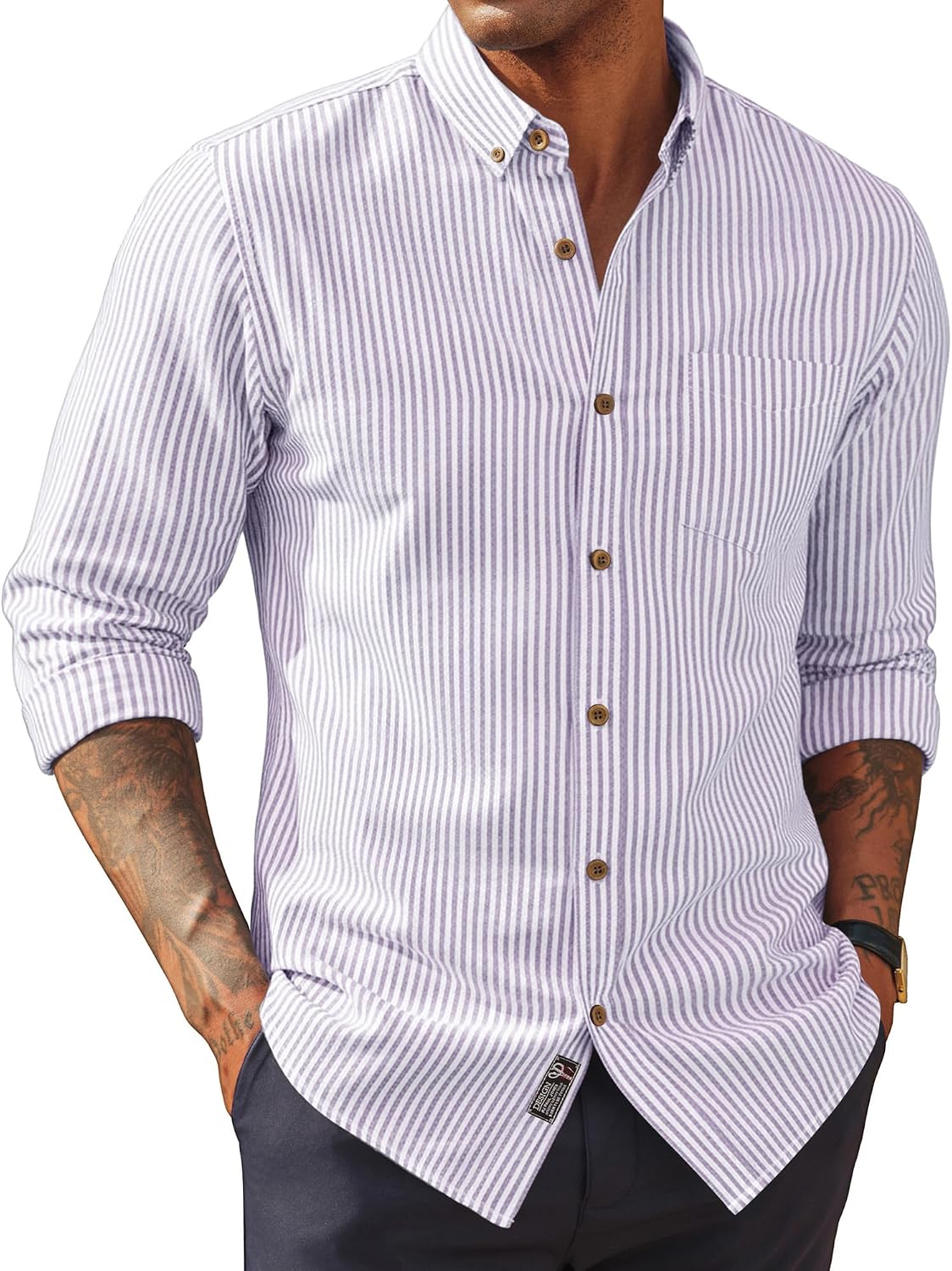 Men's Cotton Linen Button Down Shirt - Long Sleeve Classic Fit Untucked Top with Chest Pocket for Summer - Medium