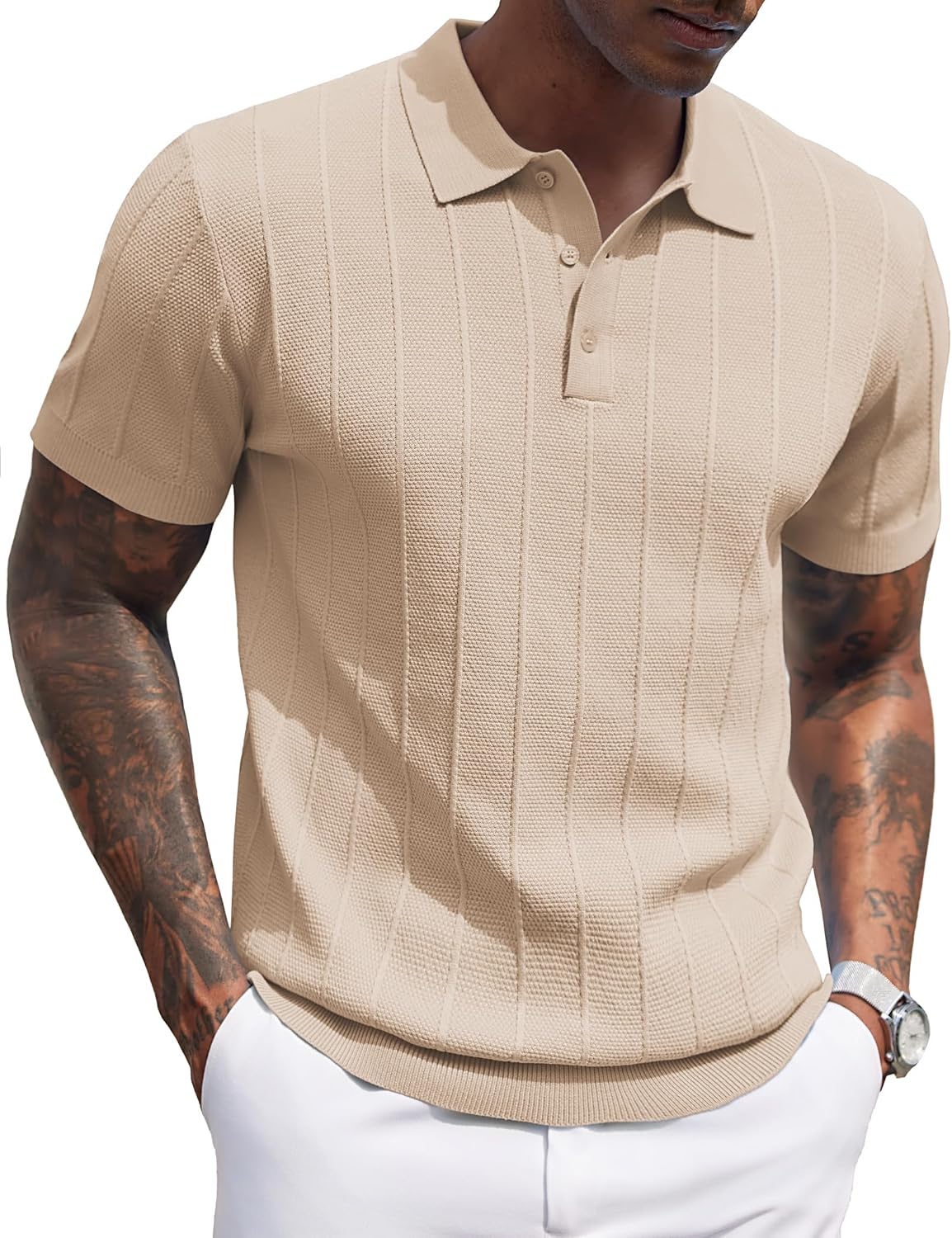 Men's Ribbed Knit Polo Shirt - Short Sleeve Textured Collared Top, Lightweight for Golf and Casual Evenings - Black (10)