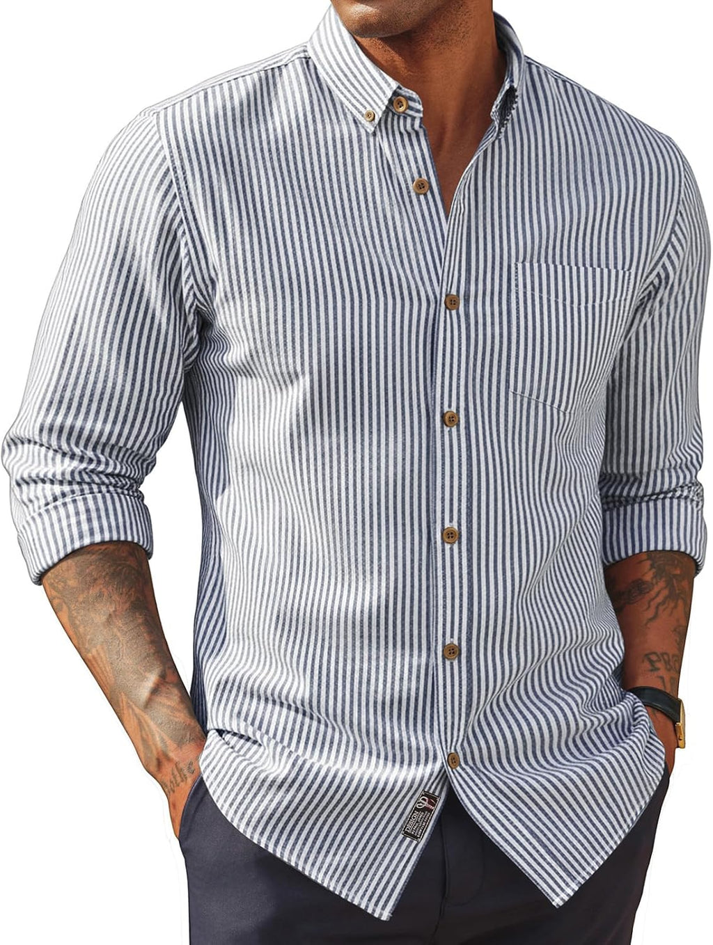 Men's Cotton Linen Button Down Shirt - Long Sleeve Classic Fit Untucked Top with Chest Pocket for Summer - Small