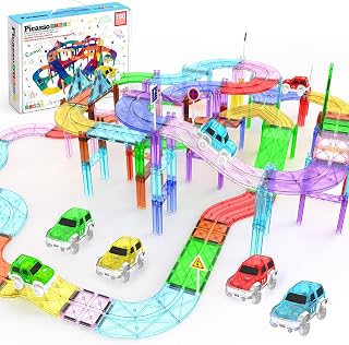 PicassoTiles 150 Piece Race Car Track, Magnetic Building Set with 4 Cars 3+
