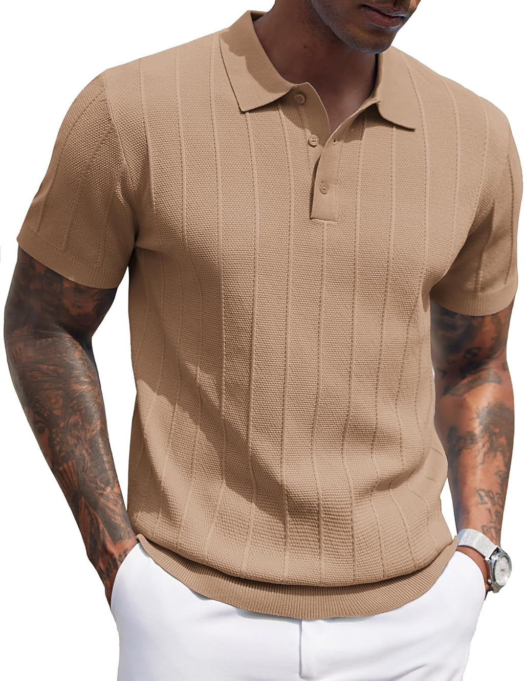 Men's Ribbed Knit Polo Shirt - Short Sleeve Textured Collared Top, Lightweight for Golf and Casual Evenings - Black (12)