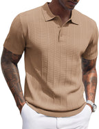 Men's Ribbed Knit Polo Shirt - Short Sleeve Textured Collared Top, Lightweight for Golf and Casual Evenings - Black (12)