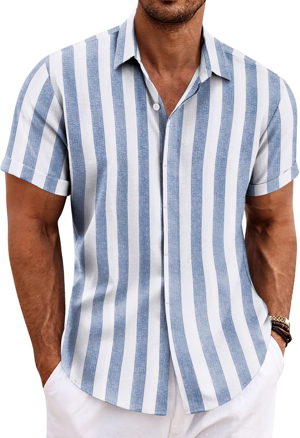 Men's Linen Blend Short Sleeve Shirt - Button Down Casual Fit, Lightweight and Breathable for Summer Beach Weddings - La