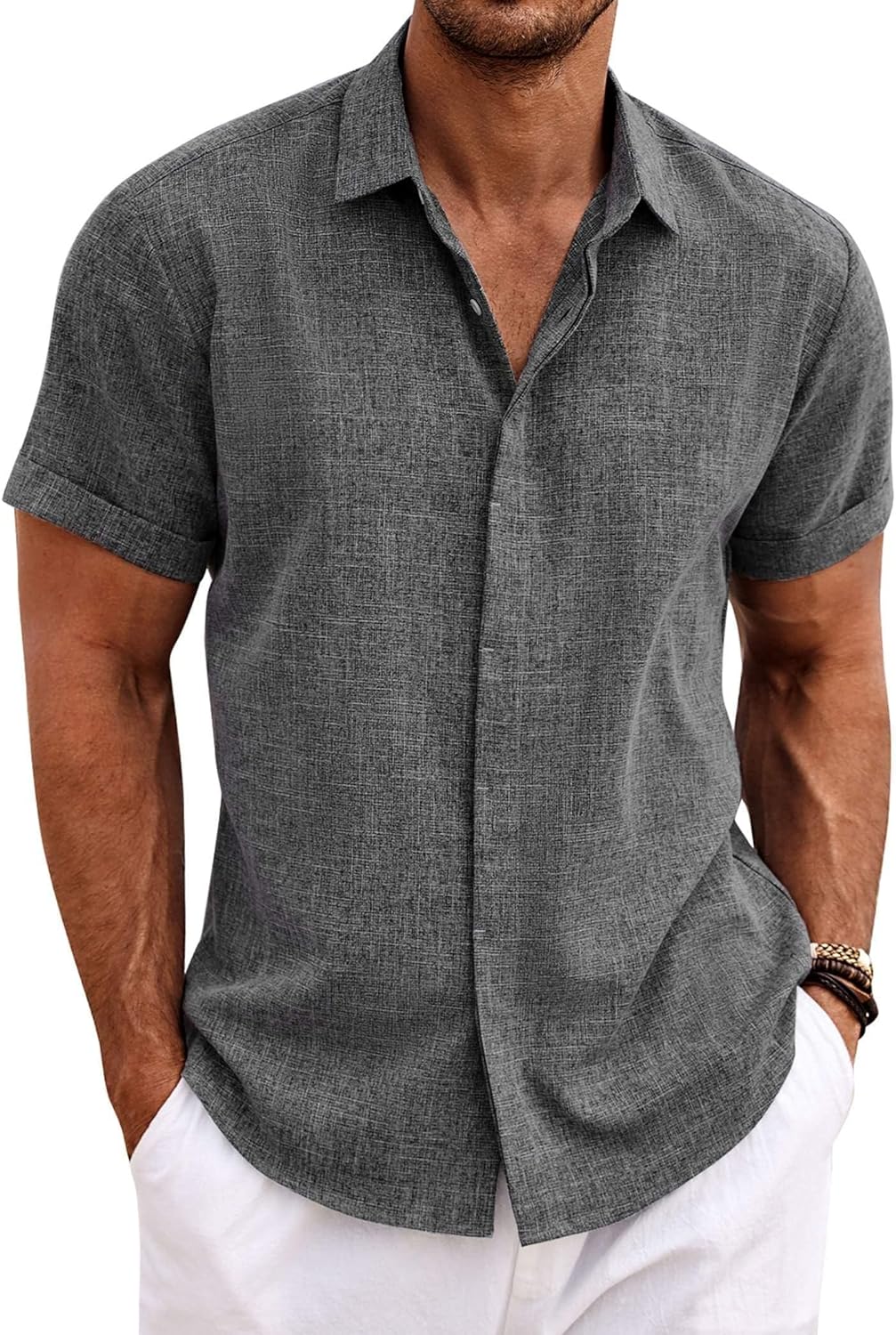Men's Linen Blend Short Sleeve Shirt - Button Down Casual Fit, Lightweight and Breathable for Summer Beach Weddings - XX