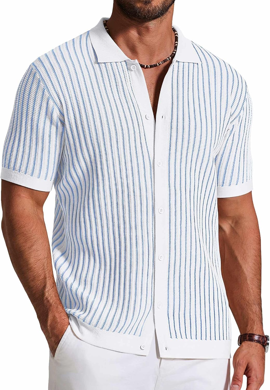 Men's Striped Knit Button Down Shirt - Short Sleeve Vintage Polo Style Top for Casual Summer Evenings - Medium