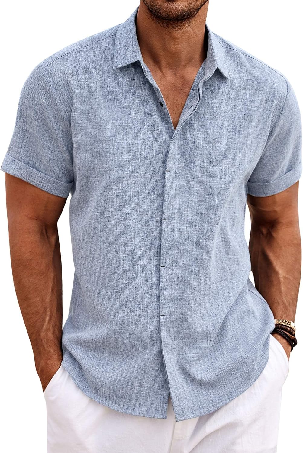 Men's Linen Blend Short Sleeve Shirt - Button Down Casual Fit, Lightweight and Breathable for Summer Beach Weddings - XX