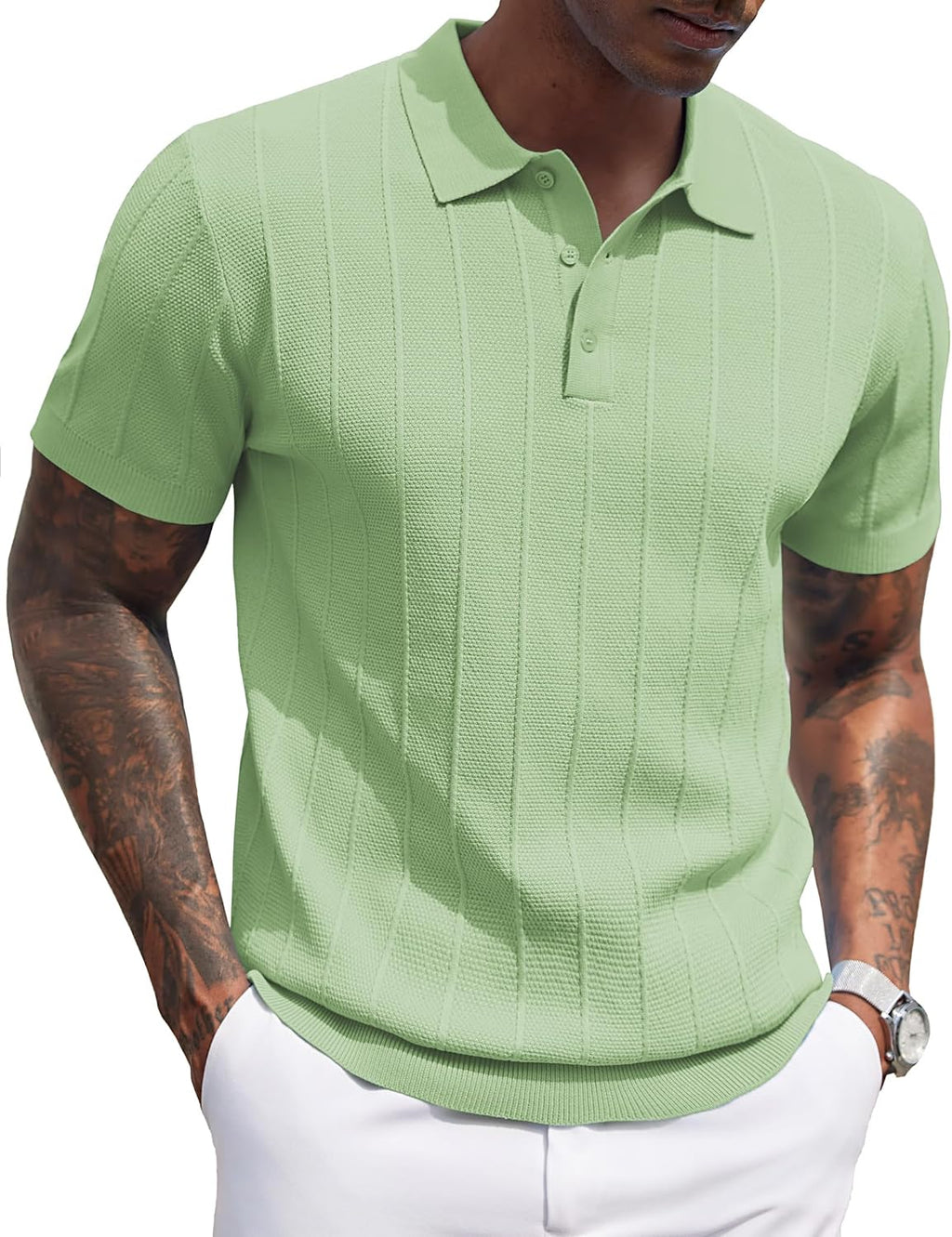 Men's Ribbed Knit Polo Shirt - Short Sleeve Textured Collared Top, Lightweight for Golf and Casual Evenings - Black
